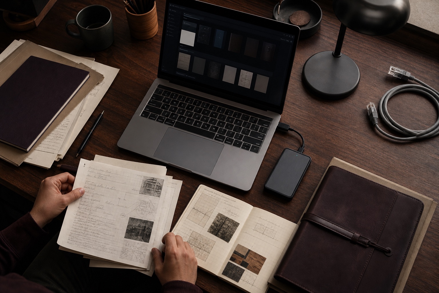 Research notes, a private Aiva workspace, and local storage arranged together on one personal desk.