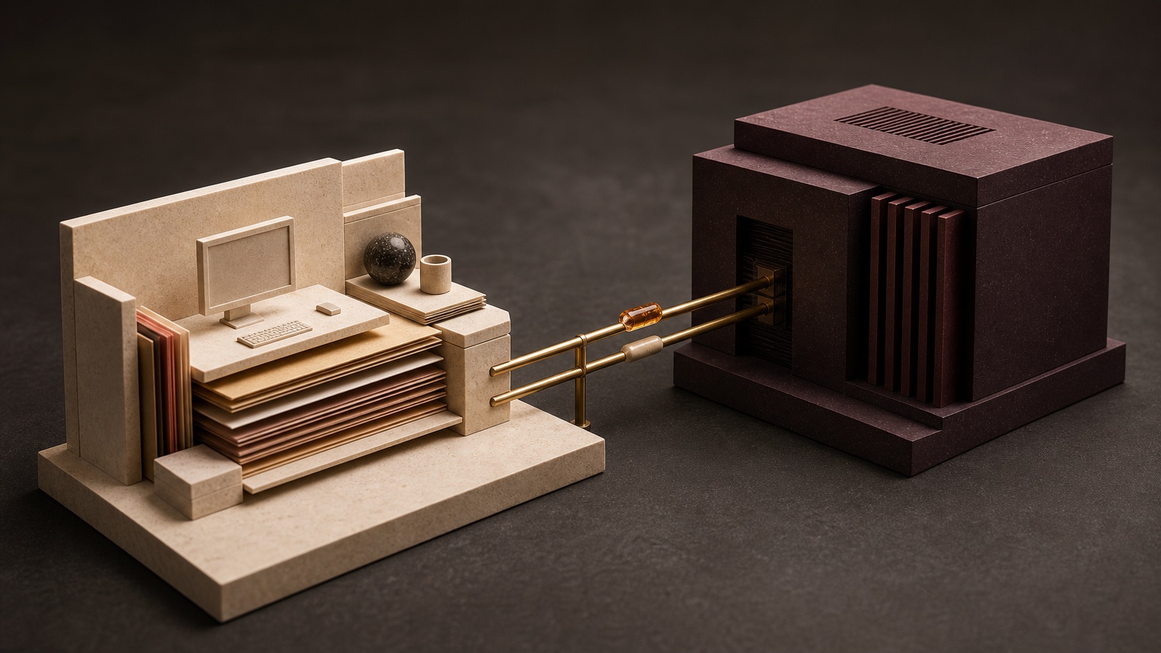 A physical model showing a private local workspace separated from a secure compute chamber, connected only by a selected task and its returned result.